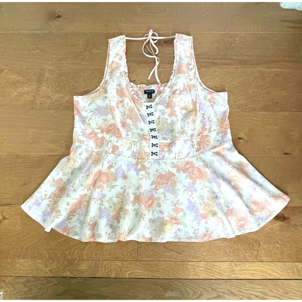 Torrid Floral Peplum Tank Top Size 2X Hook and Eye Corset Front Smocked Back